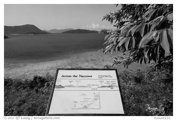 Leinster Bay and Narrows interpretive sign. Virgin Islands National Park (black and white)