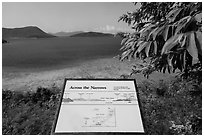 Leinster Bay and Narrows interpretive sign. Virgin Islands National Park ( black and white)