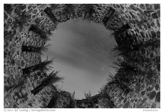 Looking up catherineberg Sugar Mill opening at night. Virgin Islands National Park (black and white)