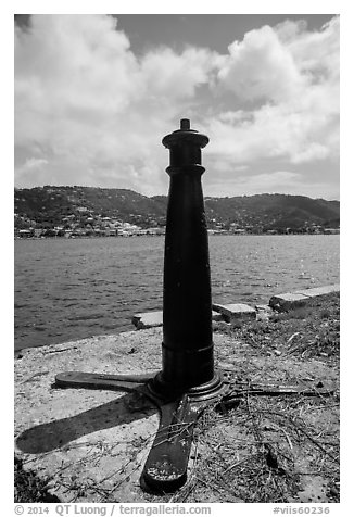 Cannon used as post, Hassel Island. Virgin Islands National Park (black and white)