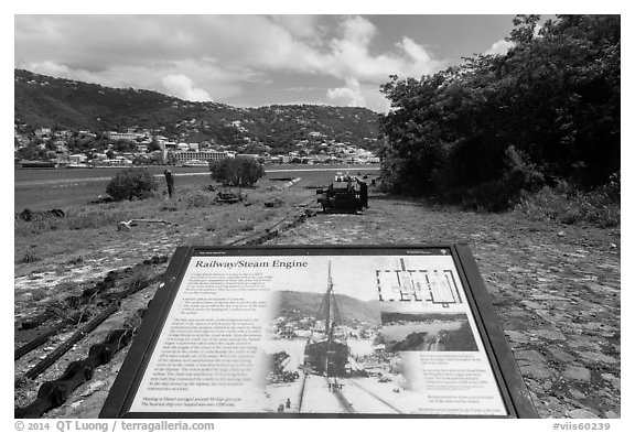 Railway and Steam Engine interpretive sign, Hassel Island. Virgin Islands National Park (black and white)