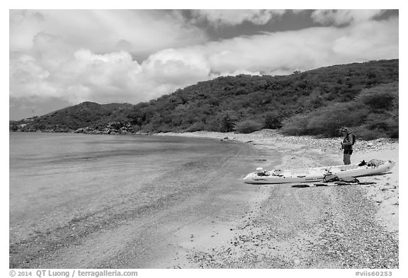 Kayaker on beach, Hassel Island. Virgin Islands National Park (black and white)