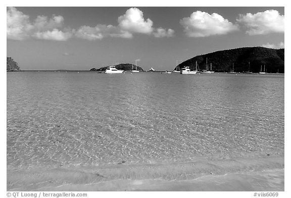 Beach and yachts, Maho Bay. Virgin Islands National Park (black and white)