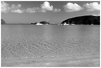 Beach and yachts, Maho Bay. Virgin Islands National Park, US Virgin Islands. (black and white)