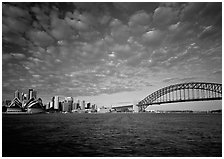Opera House, skyline, and Harbor Bridge,. Sydney, New South Wales, Australia (black and white)