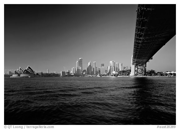 Harbor Bridge from below, skyline, and Opera House. Sydney, New South Wales, Australia