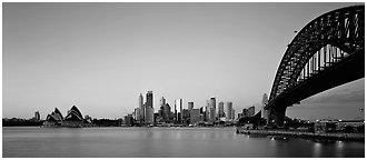 Sydney skyline at dawn. Sydney, New South Wales, Australia (Panoramic black and white)