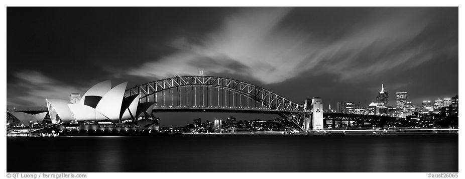 Sydney night view of opera house and Harbor Bridge. Sydney, New South Wales, Australia (black and white)
