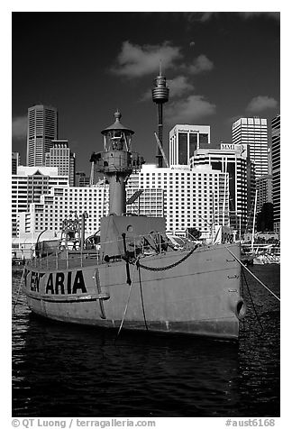 Red boat in harbour. Sydney, New South Wales, Australia (black and white)