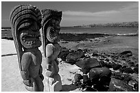 Polynesian god statues in Puuhonua o Honauau (Place of Refuge). Big Island, Hawaii, USA ( black and white)