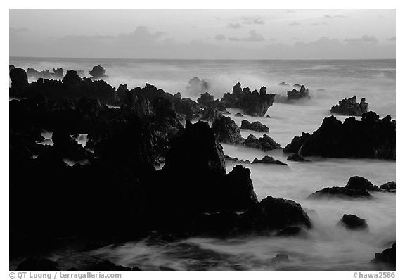Rocks and surf, dawn, Keanae Peninsula. Maui, Hawaii, USA (black and white)