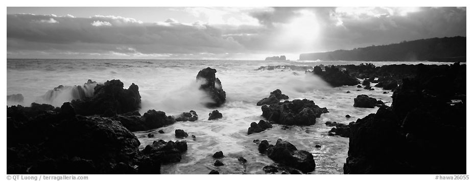 Seascape with jagged rocks and surf. Maui, Hawaii, USA (black and white)