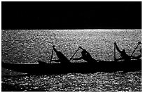 Backlit hawaiian canoe paddlers, Maunalua Bay, late afternoon. Oahu island, Hawaii, USA ( black and white)