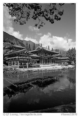 Byodo-In temple reflected in pond, Valley of the Temples, morning. Oahu island, Hawaii, USA