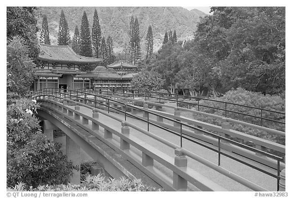 Red bridge leading to Byodo-In Temple. Oahu island, Hawaii, USA (black and white)