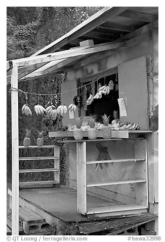 Decorated fruit stand. Oahu island, Hawaii, USA (black and white)