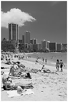 Waikiki Beach and skyline, mid-day. Waikiki, Honolulu, Oahu island, Hawaii, USA ( black and white)