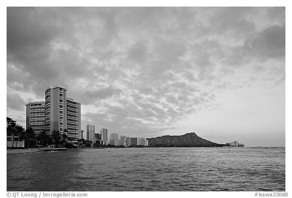 Skyline and Diamond Head, sunset. Waikiki, Honolulu, Oahu island, Hawaii, USA (black and white)