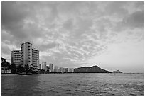 Skyline and Diamond Head, sunset. Waikiki, Honolulu, Oahu island, Hawaii, USA ( black and white)