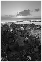 Heiau and ocean at sunrise. Oahu island, Hawaii, USA ( black and white)