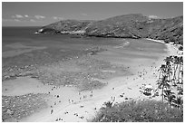 Hanauma Bay and beach with people. Oahu island, Hawaii, USA ( black and white)