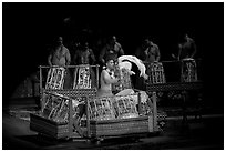 Tonga drummers on stage. Polynesian Cultural Center, Oahu island, Hawaii, USA (black and white)