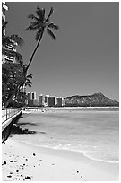 Beach and waterfront promenade. Waikiki, Honolulu, Oahu island, Hawaii, USA ( black and white)