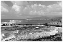 Coastline north of Kapaa with Sleeping Giant profile, early morning. Kauai island, Hawaii, USA (black and white)