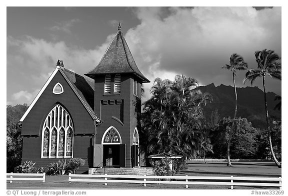 Waioli Huila Church built in 1912, Hanalei. Kauai island, Hawaii, USA (black and white)
