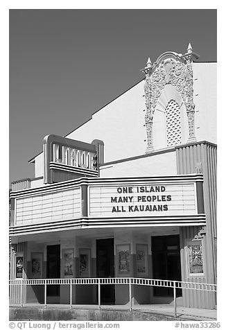 Movie theater with text celebrating Kauai, Lihue. Kauai island, Hawaii, USA (black and white)