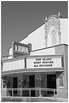 Movie theater with text celebrating Kauai, Lihue. Kauai island, Hawaii, USA ( black and white)