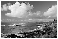 Coast north of Kapaa with Sleeping Giant profile, early morning. Kauai island, Hawaii, USA ( black and white)