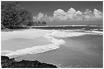 Beach and  turquoise waters, and homes  near Haena. North shore, Kauai island, Hawaii, USA ( black and white)