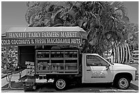 Pickup truck transformed into a fruit stand. Kauai island, Hawaii, USA ( black and white)