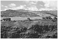 Cliff, field, and hills, Hanapepe overlook. Kauai island, Hawaii, USA ( black and white)