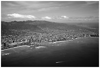 Aerial view of city and bay. Honolulu, Oahu island, Hawaii, USA ( black and white)