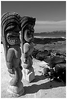Statues of polynesian idols, Puuhonua o Honauau National Historical Park. Big Island, Hawaii, USA ( black and white)