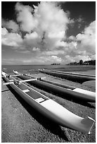 Outtrigger canoes on  beach,  Hilo. Big Island, Hawaii, USA (black and white)