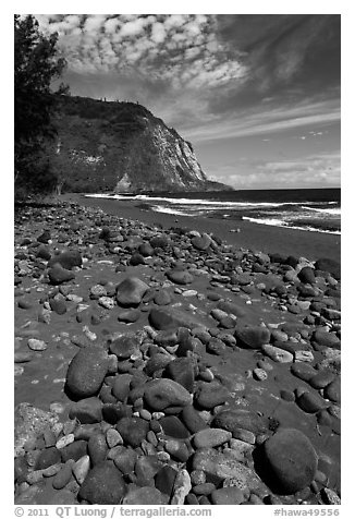 Rocks and black sand beach, Waipio Valley. Big Island, Hawaii, USA