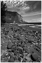 Rocks and black sand beach, Waipio Valley. Big Island, Hawaii, USA ( black and white)