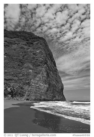 Black sand beach and cliff, Waipio Valley. Big Island, Hawaii, USA (black and white)