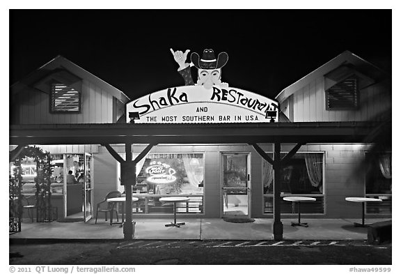 Most southern bar in the USA at night. Big Island, Hawaii, USA (black and white)