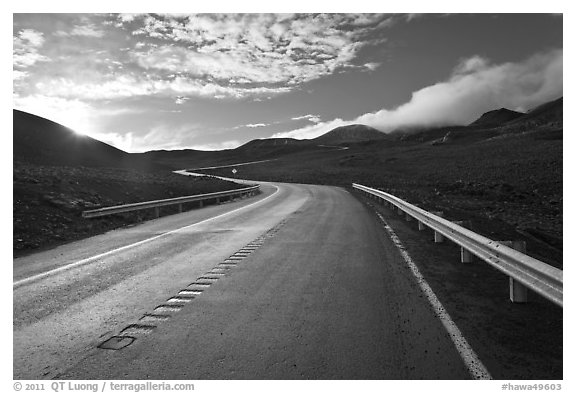 Road and cinder cones. Mauna Kea, Big Island, Hawaii, USA (black and white)
