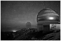 Telescopes and stars at night. Mauna Kea, Big Island, Hawaii, USA ( black and white)