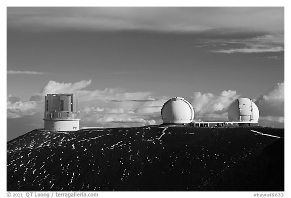 Subaru Telescope and Keck Observatory. Mauna Kea, Big Island, Hawaii, USA (black and white)