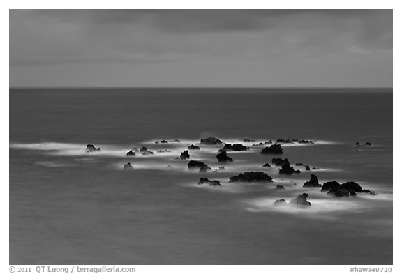 Offshore rocks in ocean. Maui, Hawaii, USA (black and white)