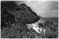 Hanakapiai Beach and cliffs from above. Kauai island, Hawaii, USA ( black and white)
