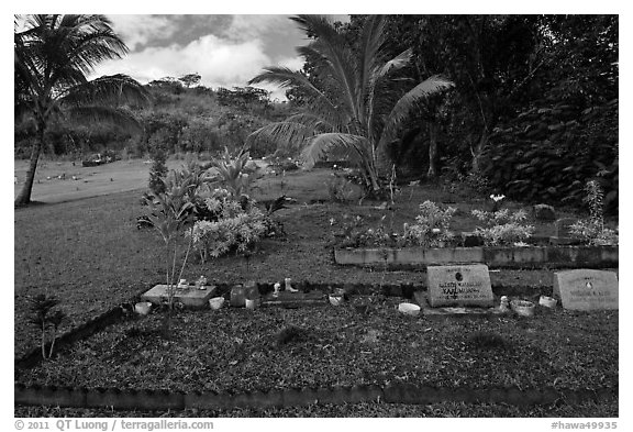 Hawaiian graves, Hanalei Valley. Kauai island, Hawaii, USA (black and white)