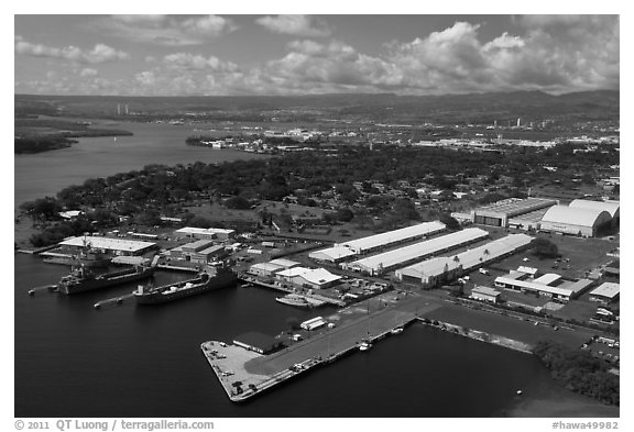 Aerial view of Hickam AFB and Pearl Harbor. Oahu island, Hawaii, USA (black and white)