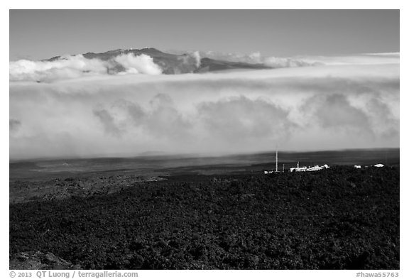 Mauna Loa Observatory, clouds, and Mauna Kea. Big Island, Hawaii, USA (black and white)
